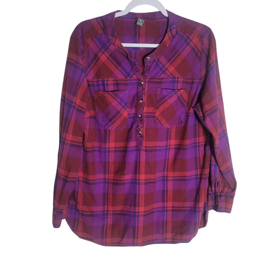 Eddie Bauer Flannel Plaid Popover Tunic Top Women's XL Pink Purple Countrycore